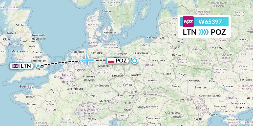 W65397 Wizz Air Flight Map: London to Poznan
