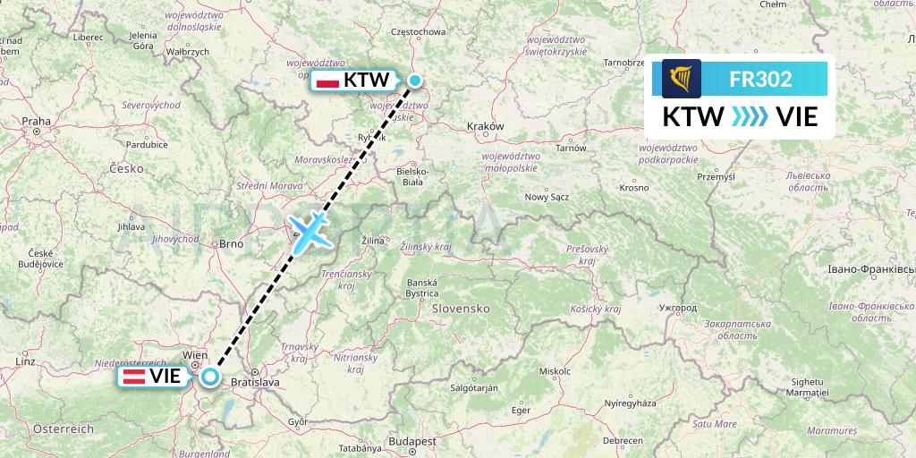 FR302 Ryanair Flight Map: Katowice to Vienna