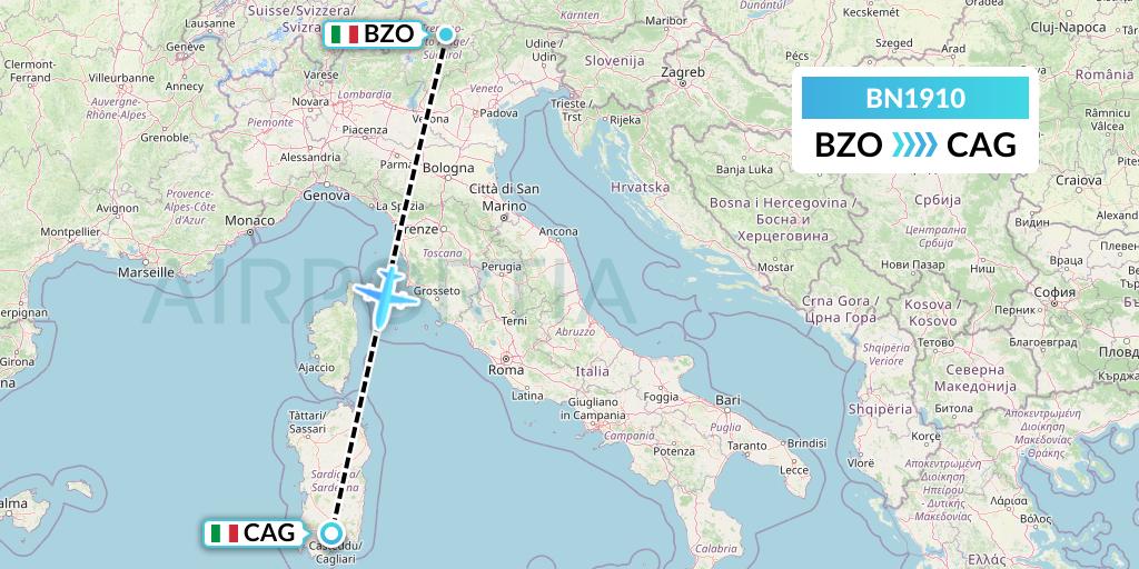 BN1910 Forward Air International Airlines Flight Map: Bolzano to Cagliari