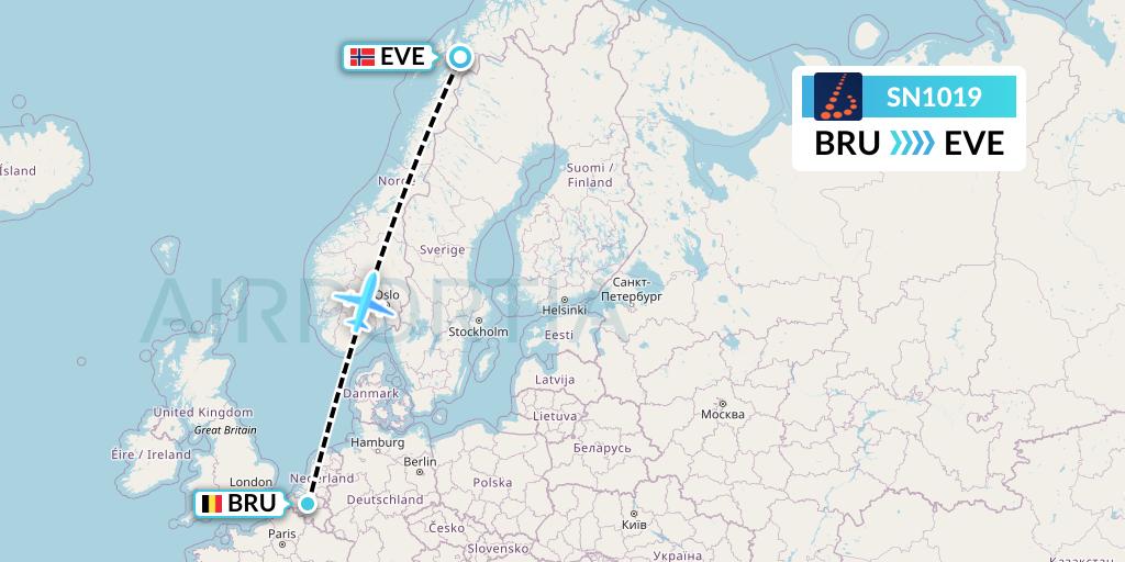SN1019 Brussels Airlines Flight Map: Brussels to Harstad