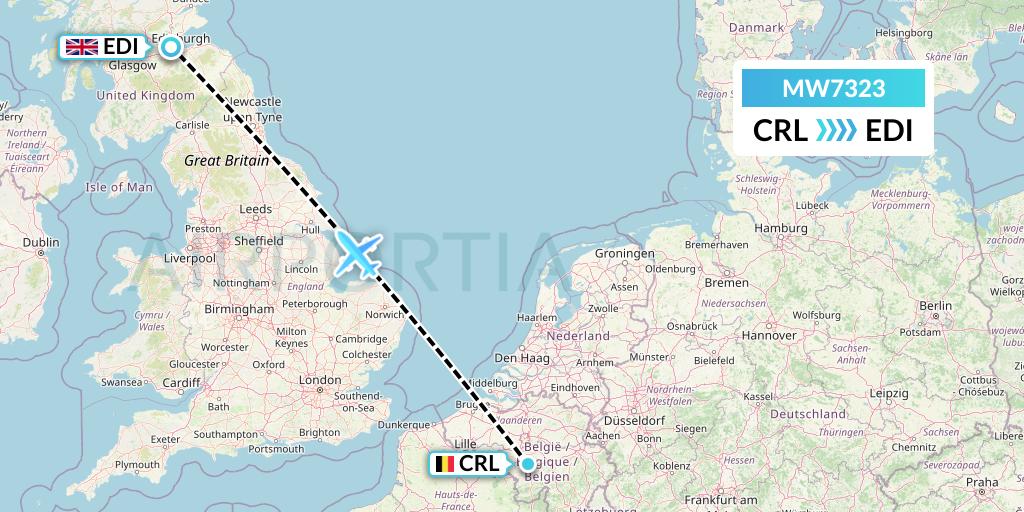MW7323 Mokulele Flight Service Flight Map: Brussels to Edinburgh