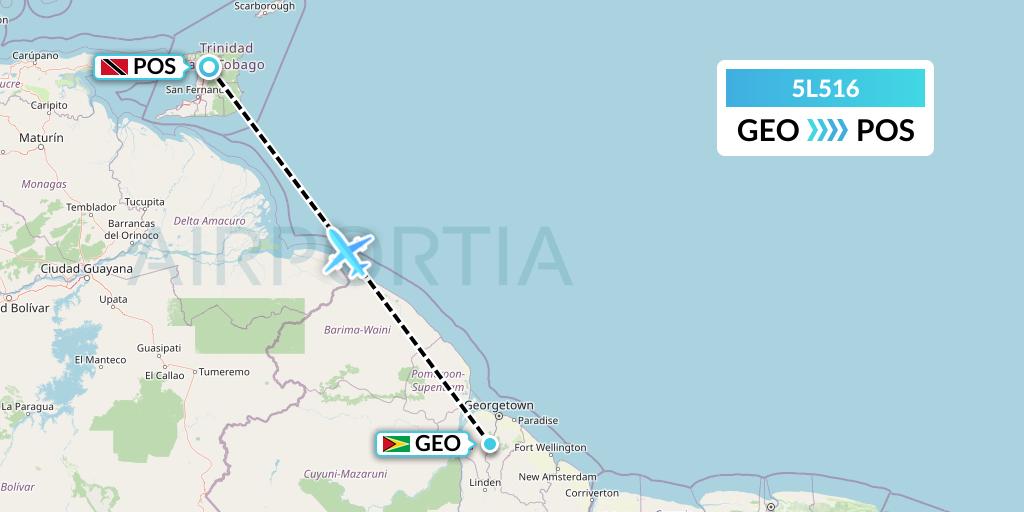 5L516 Fly Salone Airlines Limited Flight Map: Georgetown to Port of Spain