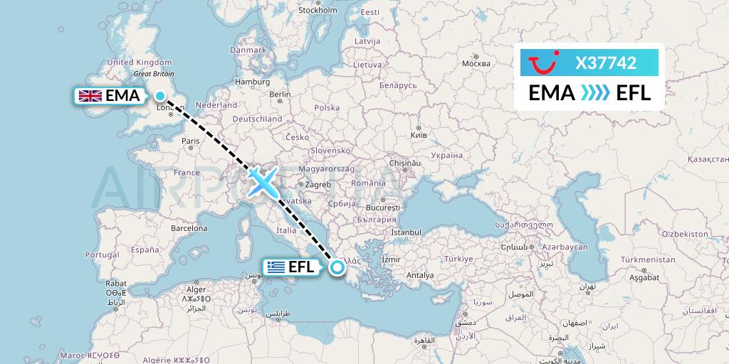 X37742 TUI fly Germany Flight Map: East Midlands to Kefalonia