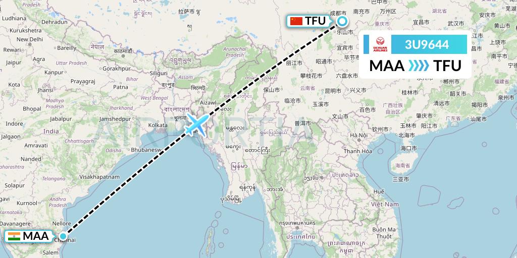 3U9644 Sichuan Airlines Flight Map: Chennai to Chengdu