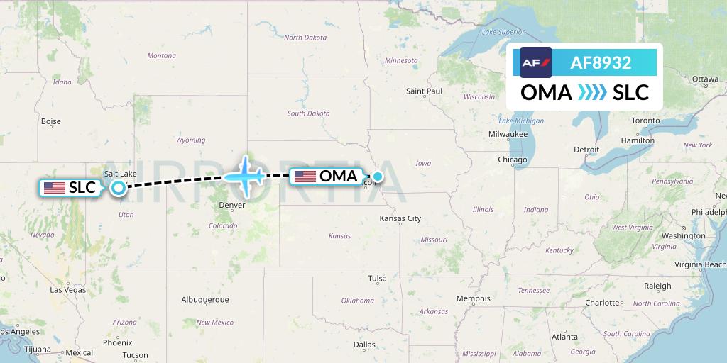 AF8932 Air France Flight Map: Omaha to Salt Lake City