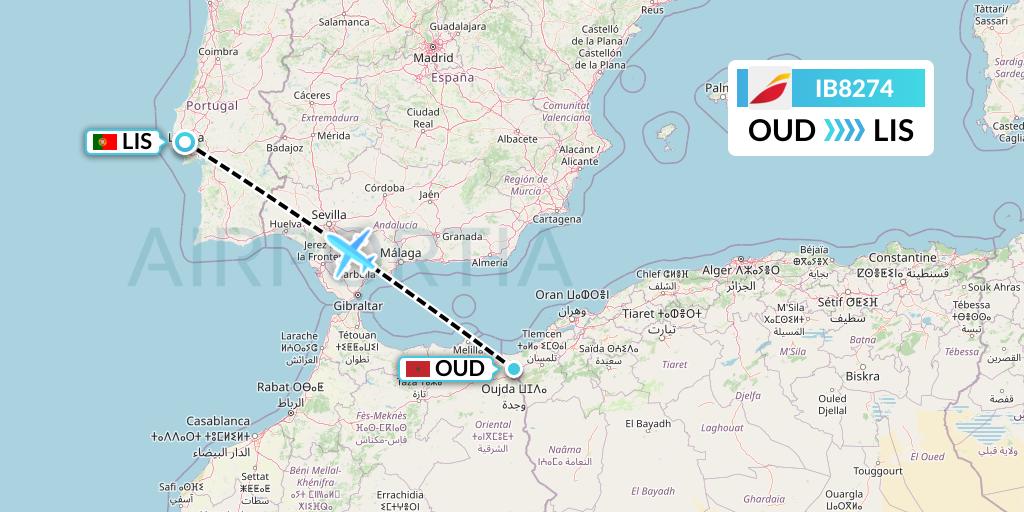 IB8274 Iberia Flight Map: Oujda to Lisbon