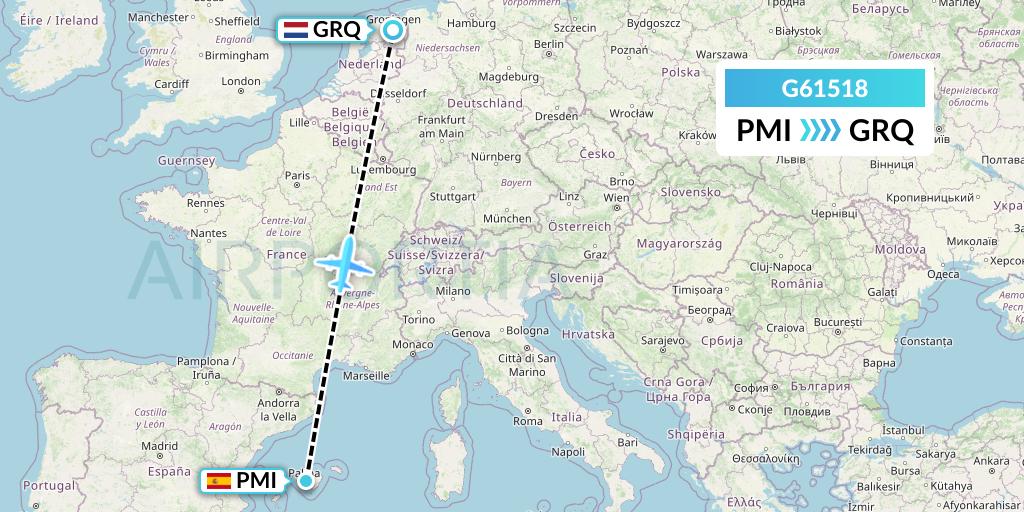 G61518 Fly Arna Flight Map: Palma de Mallorca to Groningen
