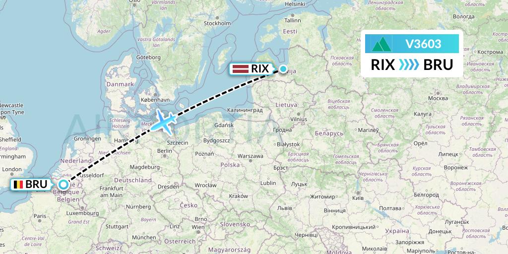 V3603 Carpatair Flight Map: Riga to Brussels