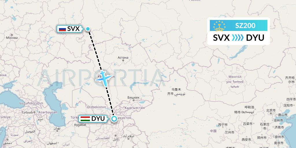 SZ200 Somon Air Flight Map: Yekaterinburg to Dushanbe