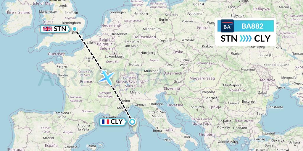 BA882 British Airways Flight Map: London to Calvi