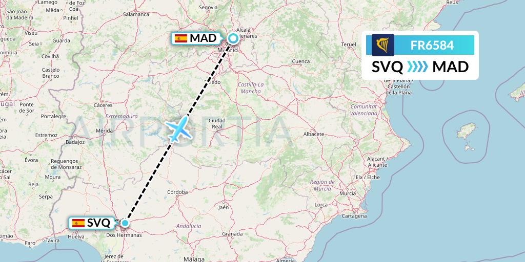 FR6584 Ryanair Flight Map: Seville to Madrid
