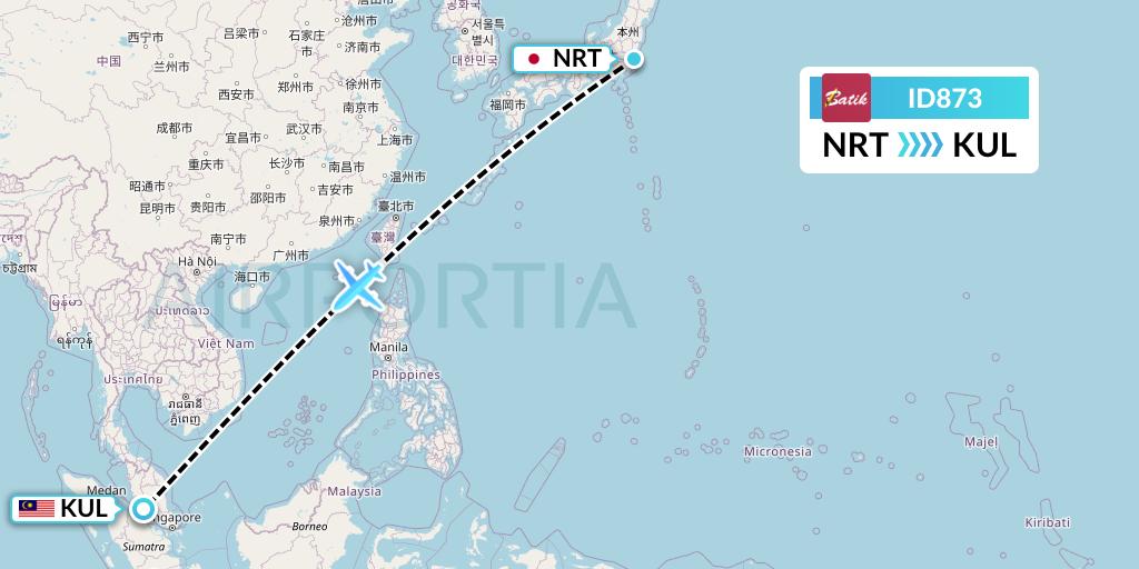 ID873 Batik Air Flight Map: Tokyo to Kuala Lumpur