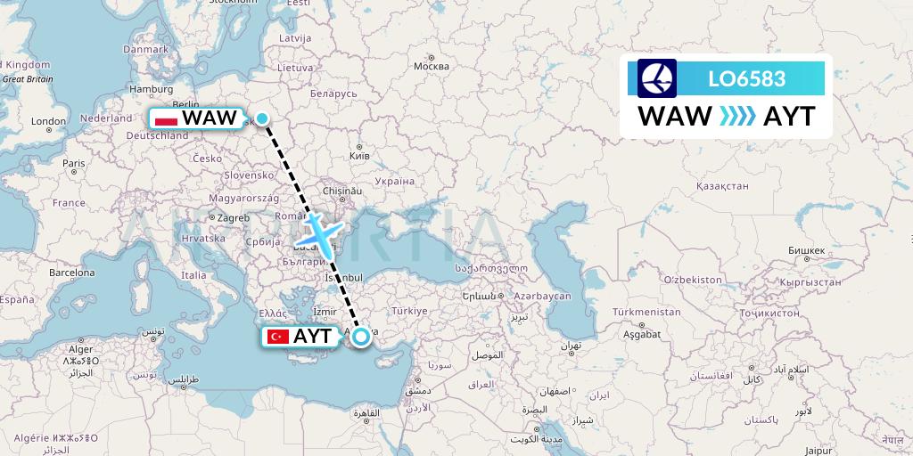 LO6583 LOT Flight Map: Warsaw to Antalya
