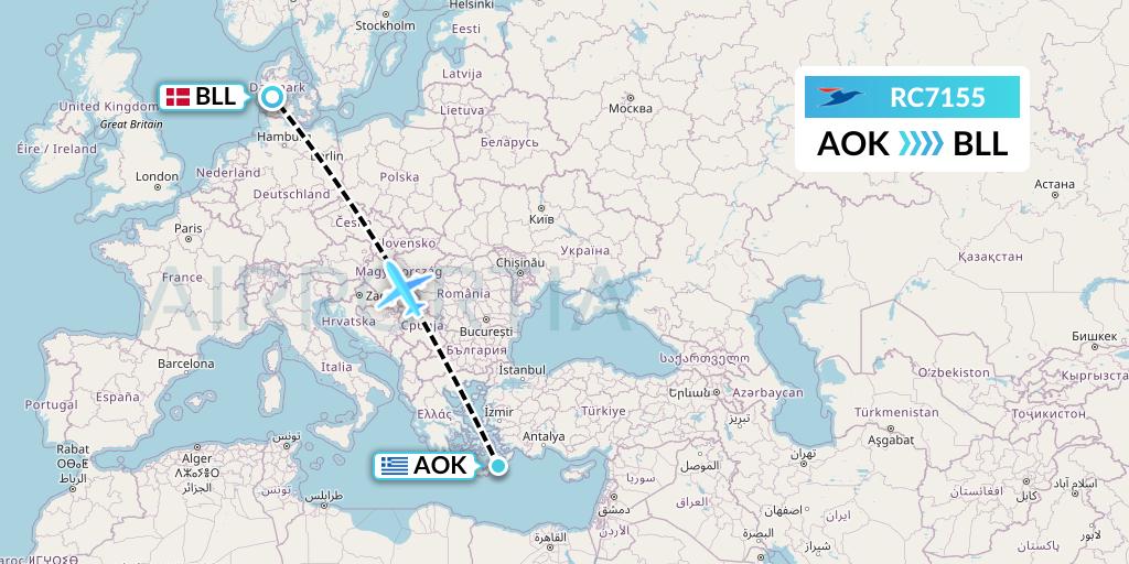 RC7155 Atlantic Airways Flight Map: Karpathos to Billund