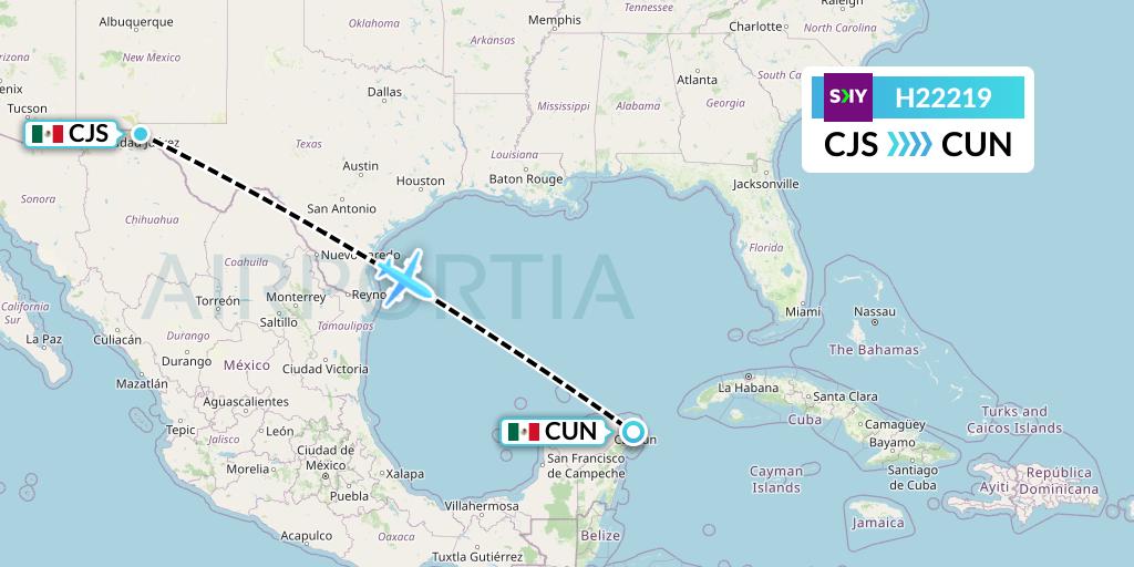 H22219 Sky Airline Flight Map: Ciudad Juarez to Cancun