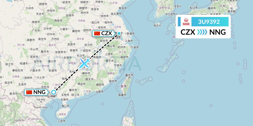3U9392 Sichuan Airlines Flight Map: Changzhou to Nanning