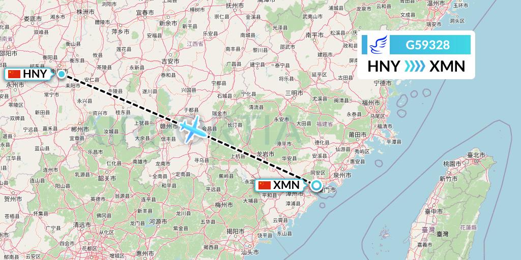 G59328 China Express Airlines Flight Map: Hengyang to Xiamen