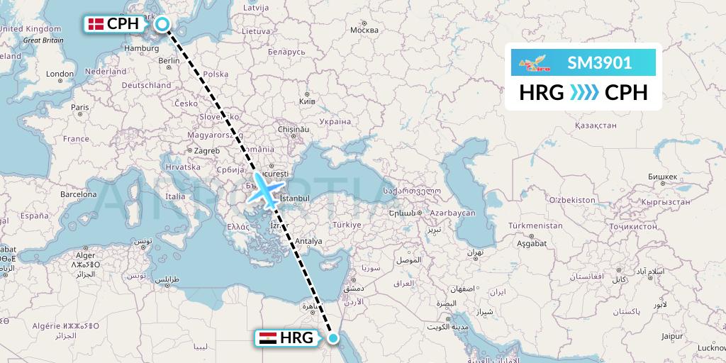 SM3901 Air Cairo Flight Map: Hurghada to Copenhagen
