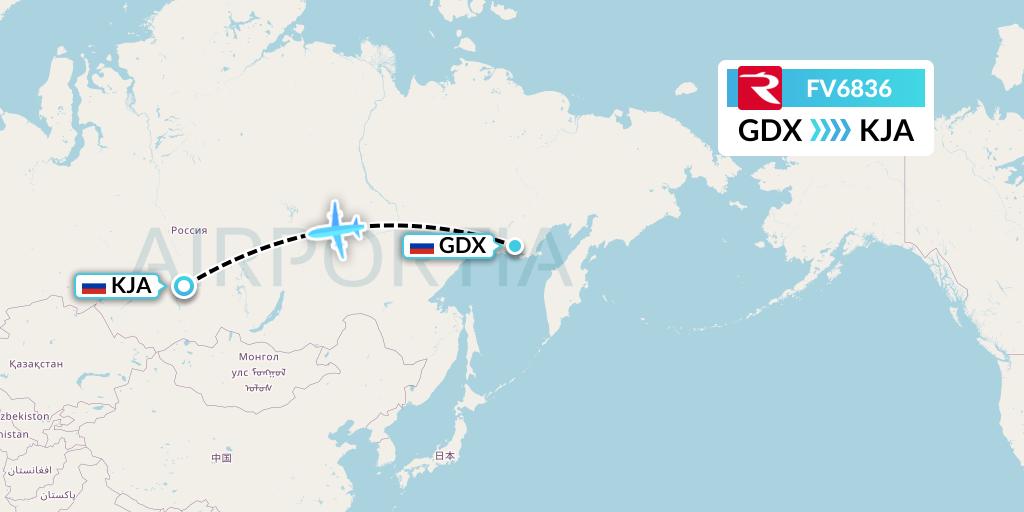 FV6836 Rossiya Flight Map: Magadan to Krasnoyarsk
