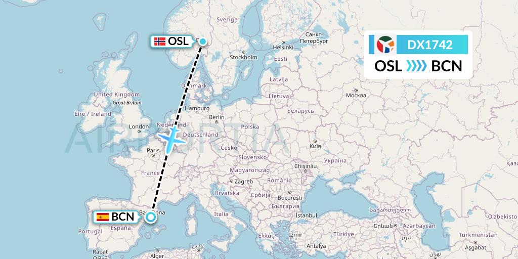 DX1742 Danish Air Transport Flight Map: Oslo to Barcelona