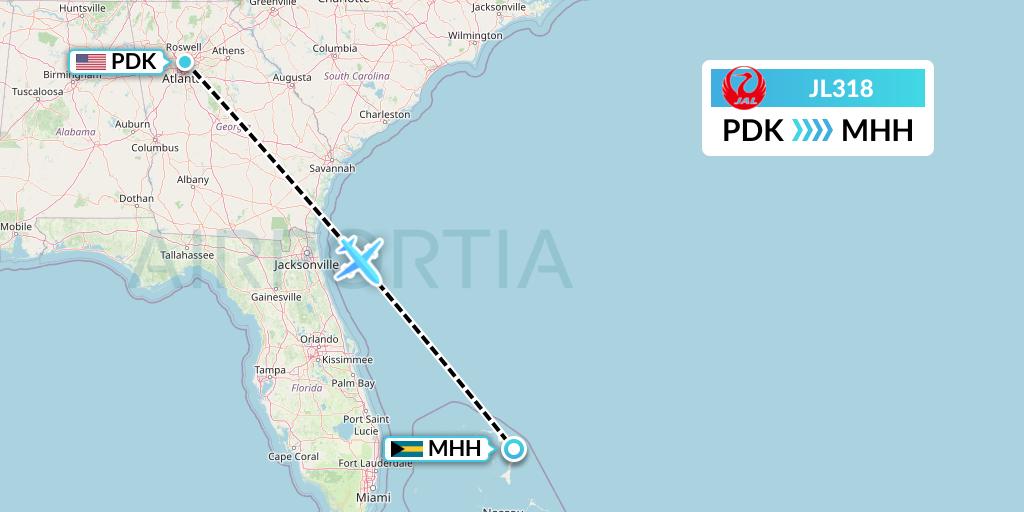 JL318 Japan Airlines Flight Map: Atlanta to Marsh Harbour