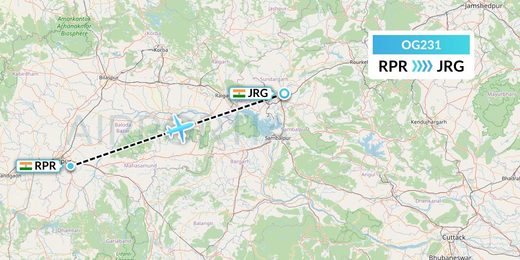 OG231 Fly Play Flight Map: Raipur to Ranchi