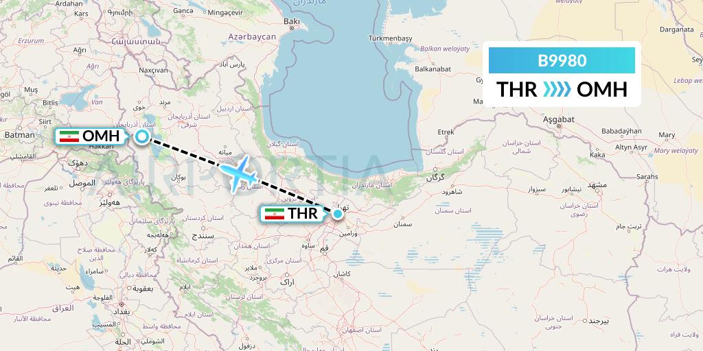 B9980 Iran Air Tours Flight Map: Tehran to Urmia