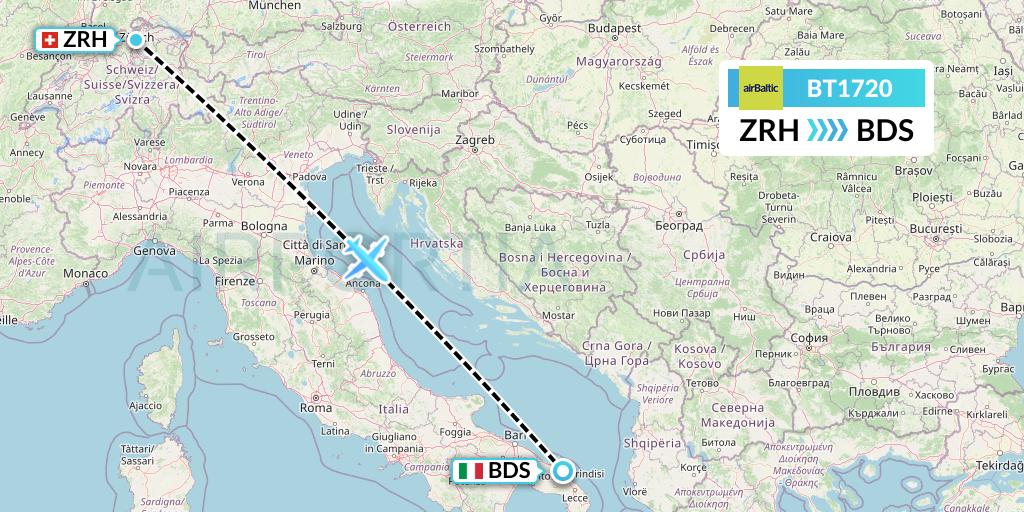 BT1720 Air Baltic Flight Map: Zurich to Brindisi