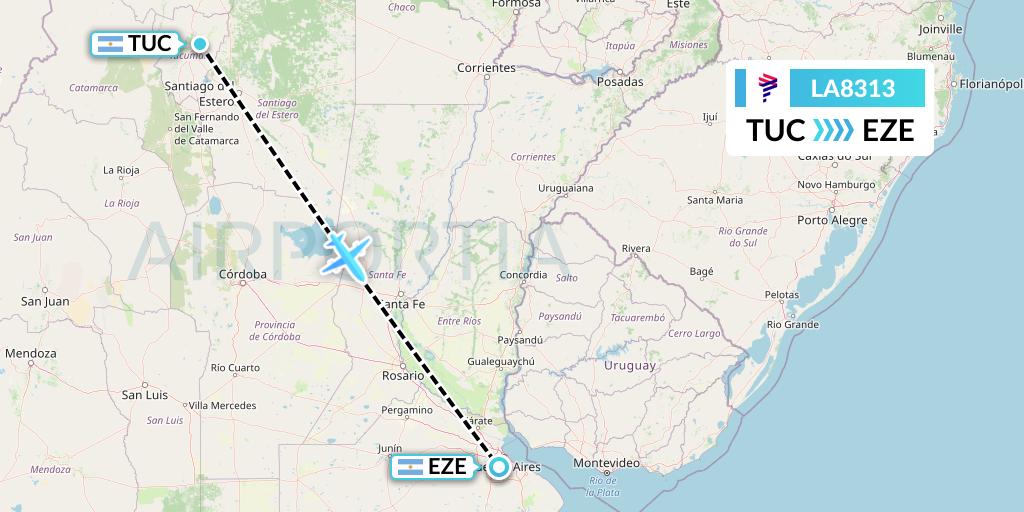 LA8313 LAN Airlines Flight Map: Tucuman to Buenos Aires