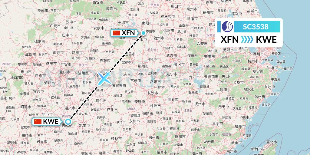 SC3538 Shandong Airlines Flight Map: Xiangyang to Guiyang