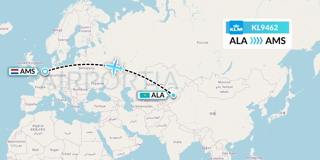 KL9462 KLM Flight Map: Almaty to Amsterdam