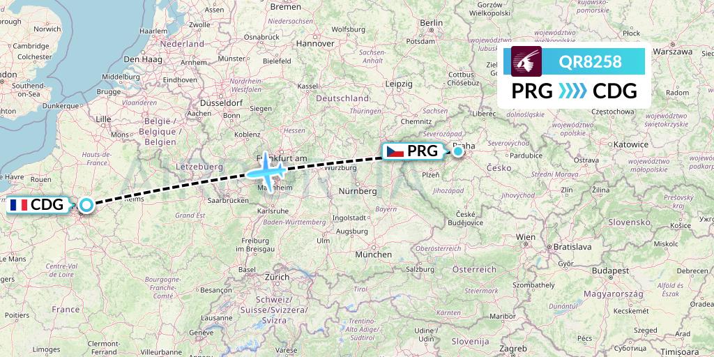 QR8258 Qatar Airways Flight Map: Prague to Paris