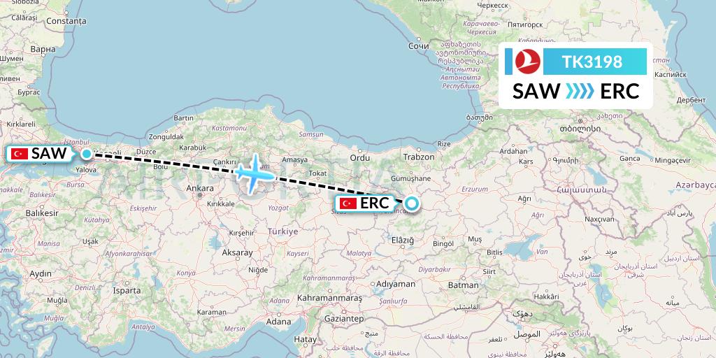TK3198 Turkish Airlines Flight Map: Istanbul to Erzincan