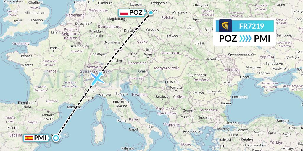 FR7219 Ryanair Flight Map: Poznan to Palma de Mallorca
