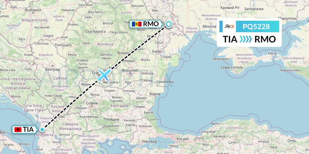 PQ5228 SkyUp Airlines Flight Map: Tirana to Chisinau