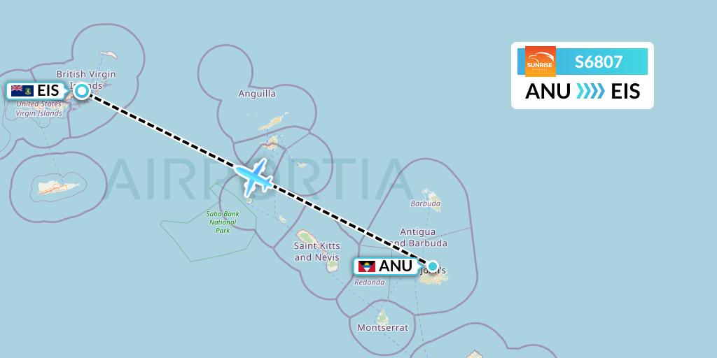 S6807 Sunrise Airways Flight Map: Antigua to Beef Island