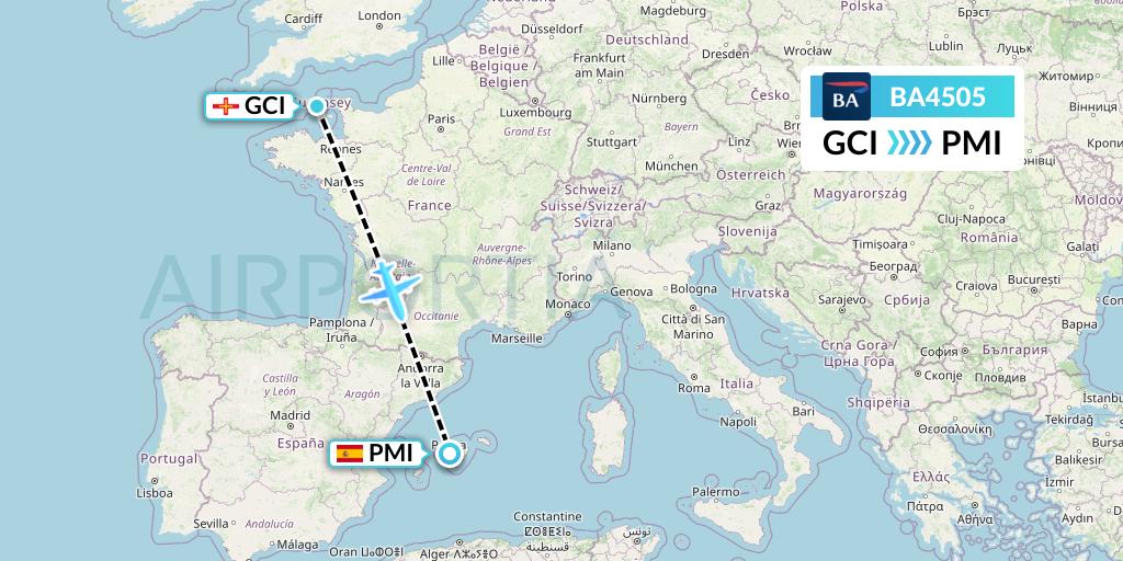 BA4505 British Airways Flight Map: Guernsey to Palma de Mallorca