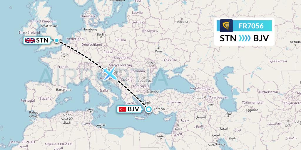 FR7056 Ryanair Flight Map: London to Bodrum