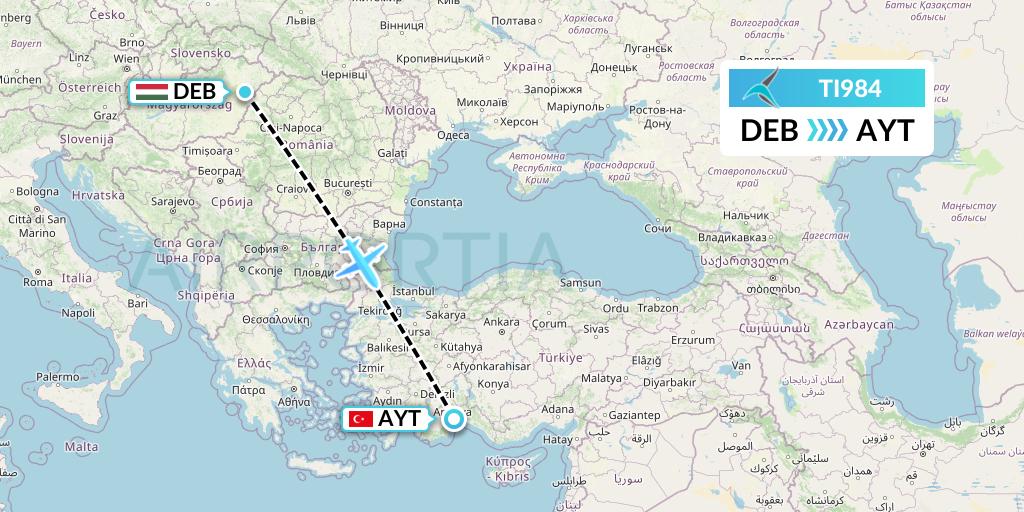 TI984 Tailwind Airlines Flight Map: Debrecen to Antalya