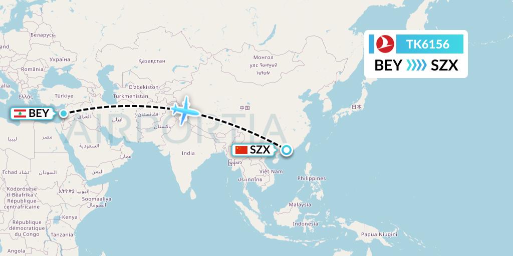 TK6156 Turkish Airlines Flight Map: Beirut to Shenzhen