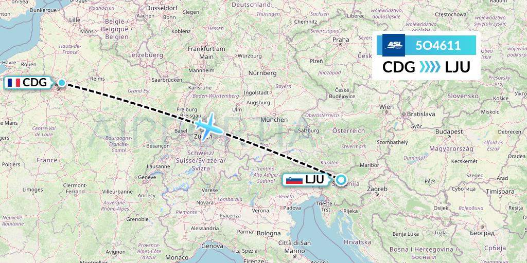 5O4611 ASL Airlines France Flight Map: Paris to Ljubljana