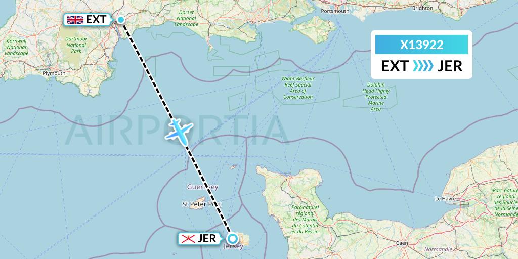 X13922 Nik Airways Flight Map: Exeter to Jersey