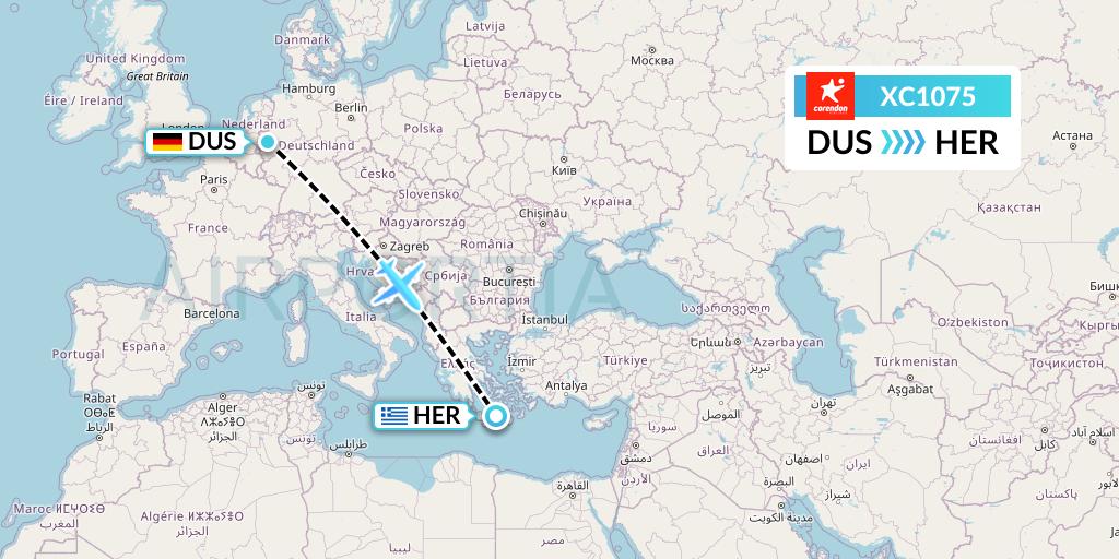 XC1075 Corendon Airlines Flight Map: Dusseldorf to Heraklion