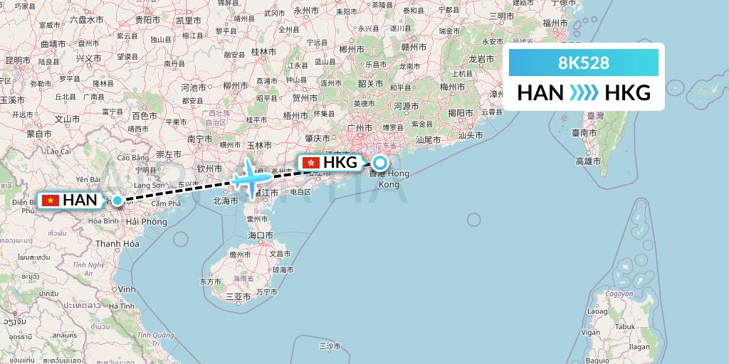 8K528 K-Mile Air Flight Map: Hanoi to Hong Kong
