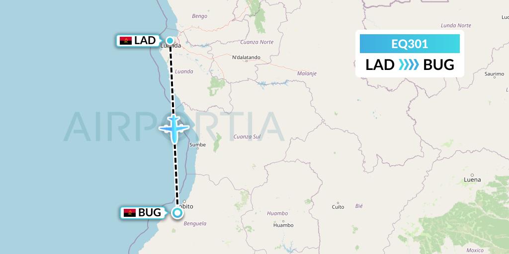 EQ301 Fly Angola Flight Map: Luanda to Benguela