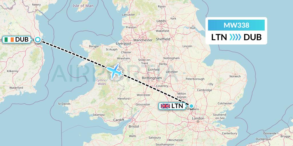 MW338 Mokulele Flight Service Flight Map: London to Dublin