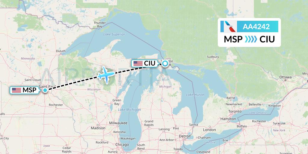AA4242 American Airlines Flight Map: Minneapolis to Sault Sainte Marie