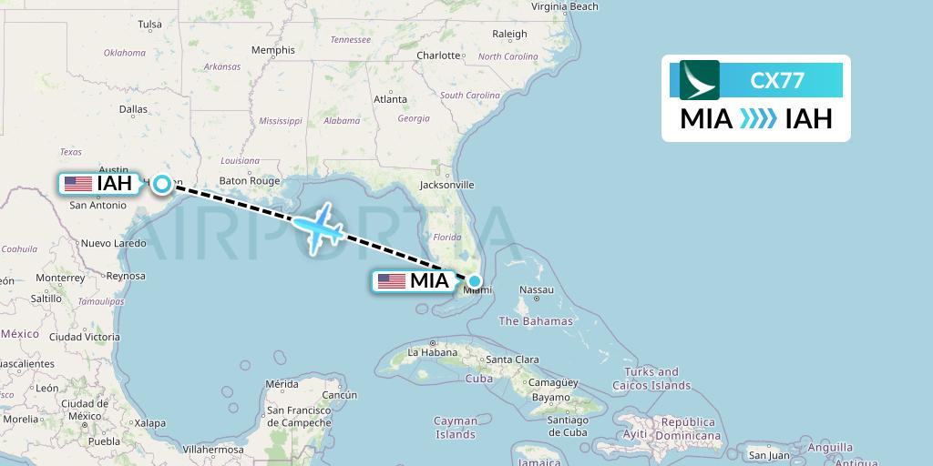 CX77 Cathay Pacific Flight Map: Miami to Houston