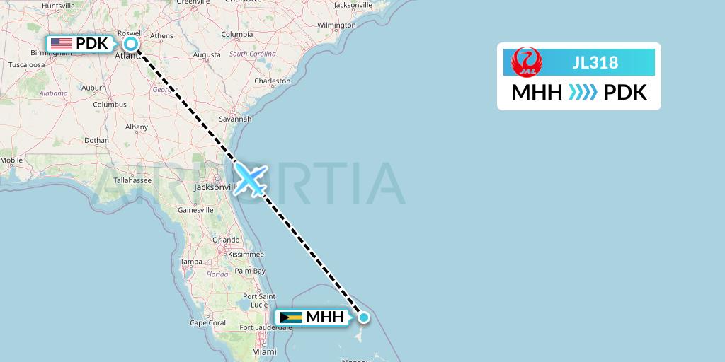 JL318 Japan Airlines Flight Map: Marsh Harbour to Atlanta