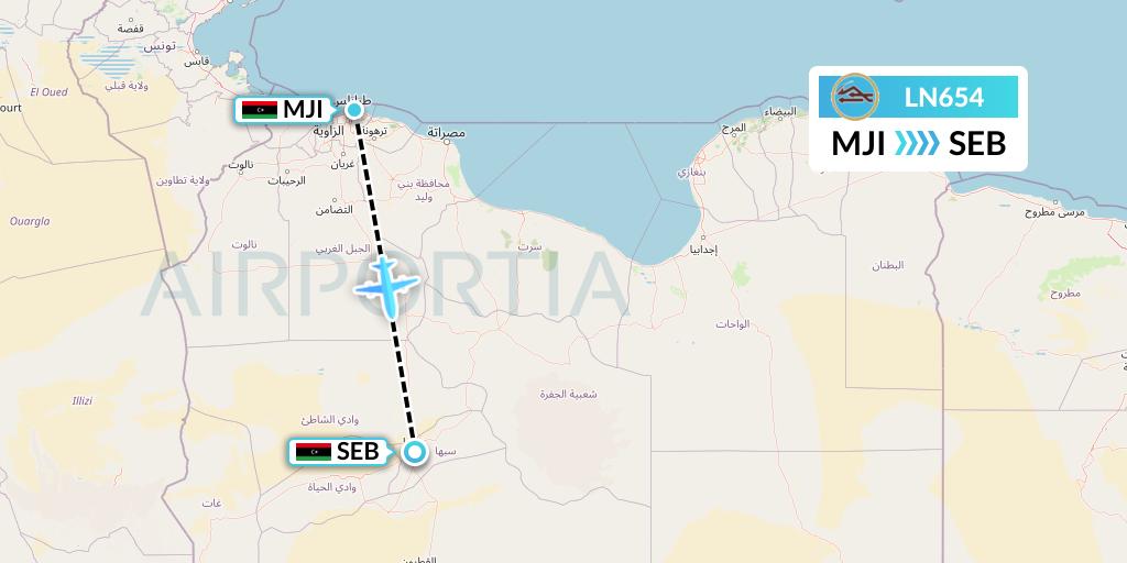 LN654 Libyan Airlines Flight Map: Tripoli to Sabha